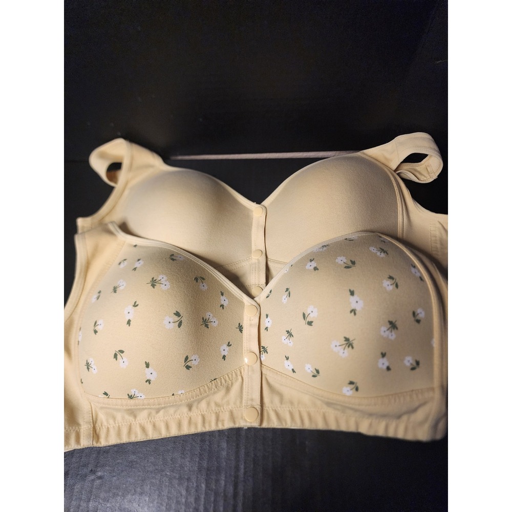 2 Pack Front Closure Leisure Bras Yellow Floral/Solid Cotton Blend 2XL Wirefree